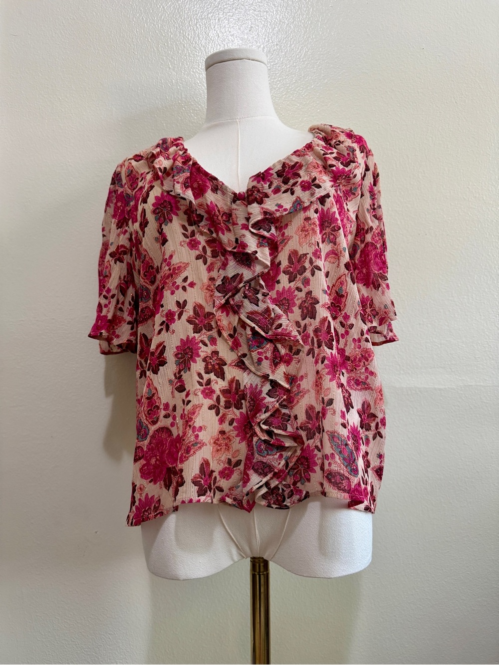 Sezane Pink Floral Ruffle Front Blouse